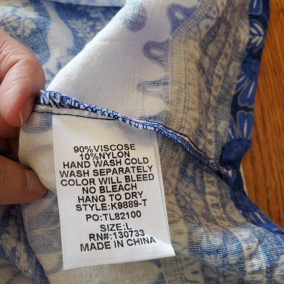 Umgee Floral Border Pattern Round Neck Short Sleeves Oversized Blouse Blue  L - Picture 8 of 14